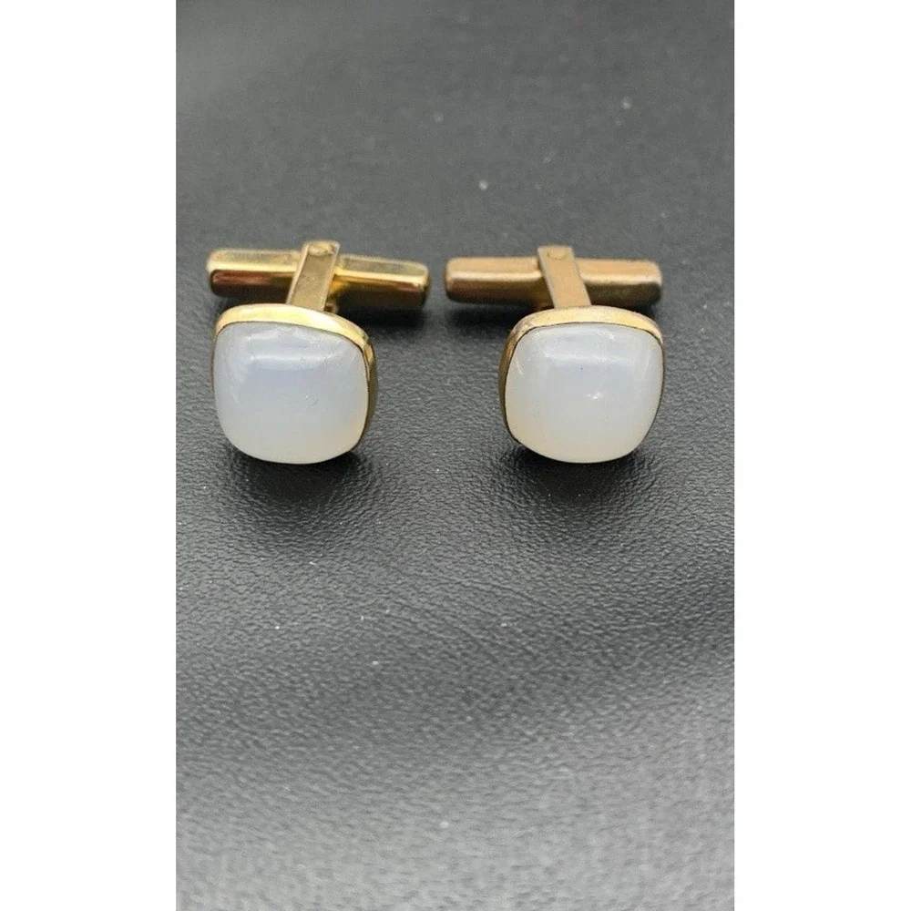 Vintage Manleigh Gold‎ Tone And Faux Moonstone Cufflinks Signed